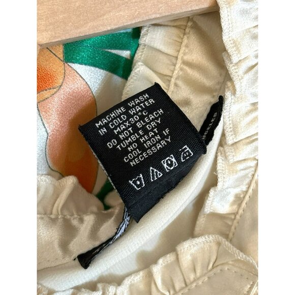 Hale Bob Women's Cream Satin Tropical Floral Button Up Blouse Sz M Ruffled Retro - Picture 5 of 6